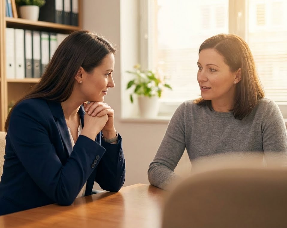 Advogada ouvindo atentamente a cliente